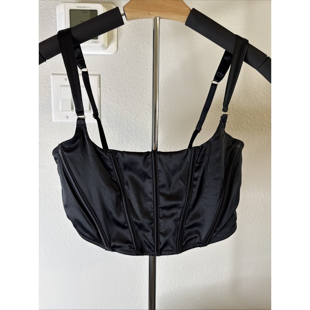 Auden Corset Bralette Top Size Medium Black Satin‎ Boning Bustier Camisole